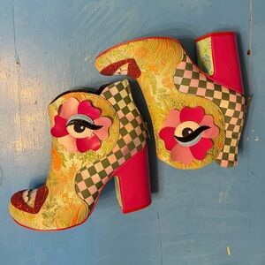 Irregular Choice Pink and Green Checkered Heeled Boots: Arty Farty